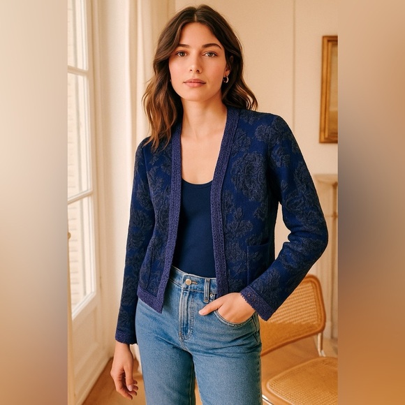 Anthropologie Knitted & Knotted Jacquard Open Front Blazer Jacket Floral M - Picture 1 of 11